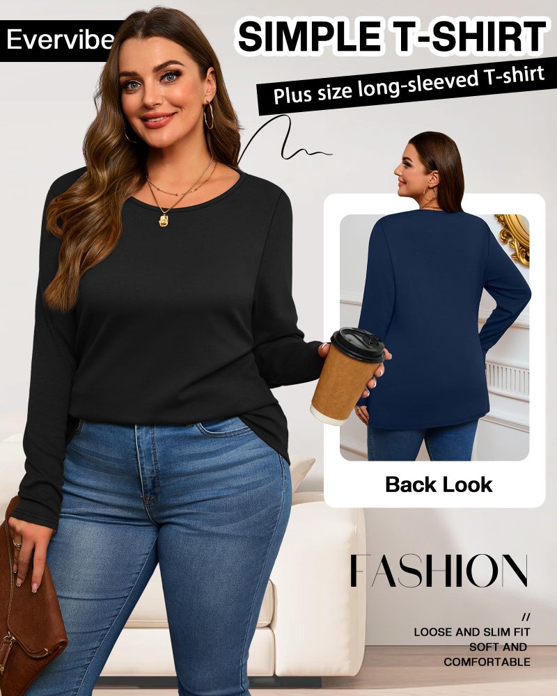 Evervibe 3 Pack Women's Plus Size Cotton Shirts, Scoop Neck Long Sleeve Casual Tops Form Fitting Knitted T-Shirts Blouses(Black, Navy Blue, Wine Red,3X-Large) - Image 5