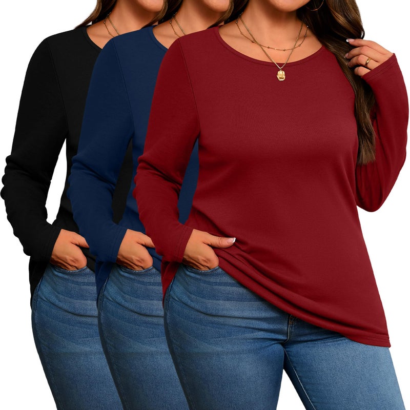 Evervibe 3 Pack Women's Plus Size Cotton Shirts, Scoop Neck Long Sleeve Casual Tops Form Fitting Knitted T-Shirts Blouses(Black, Navy Blue, Wine Red,3X-Large) - Image 1