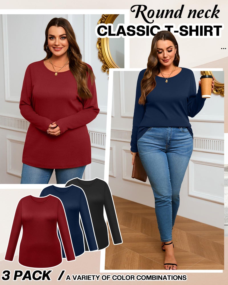 Evervibe 3 Pack Women's Plus Size Cotton Shirts, Scoop Neck Long Sleeve Casual Tops Form Fitting Knitted T-Shirts Blouses(Black, Navy Blue, Wine Red,3X-Large) - Image 4