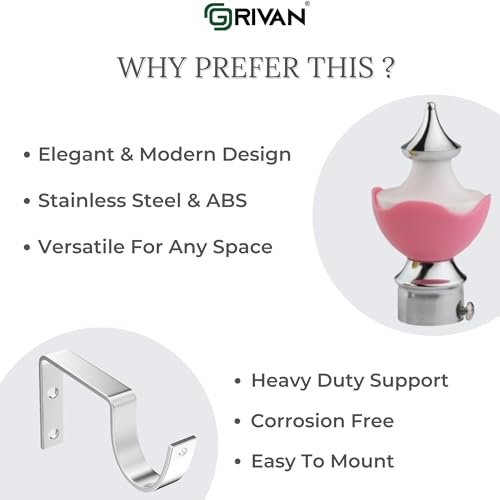 GRIVAN Stainless Steel & ABS Curtain Bracket Parda Holder with Support 1 Inch Rod Pocket Finials Designer Door and Window Rod Support Fittings, Curtain Rod Holder (Pair of 6 , Pink ) - Image 3