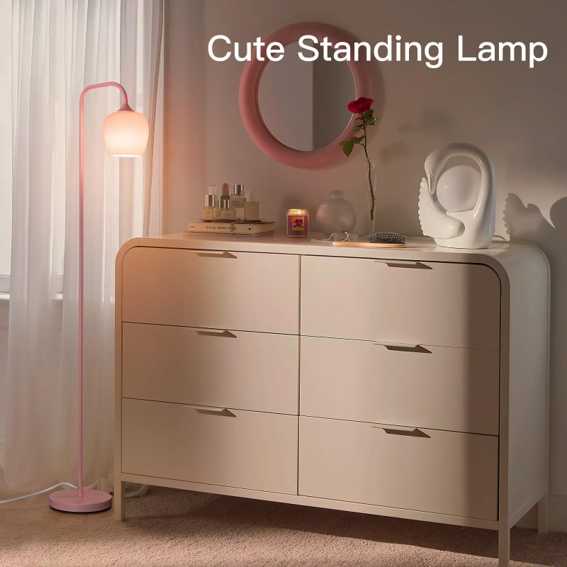 ONEWISH Pink Floor Lamp-Modern Standing Lamp for Living Room Bedroom, Glass Lamp Shade, LED Bulb Included, Cute Simple Design, for Girls Women - Image 3