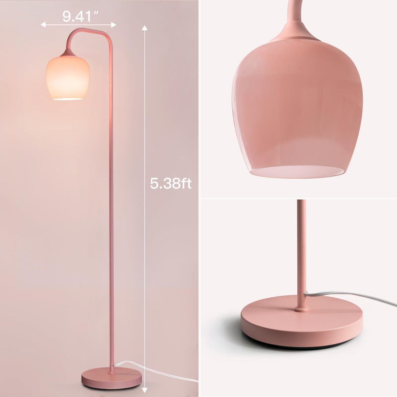ONEWISH Pink Floor Lamp-Modern Standing Lamp for Living Room Bedroom, Glass Lamp Shade, LED Bulb Included, Cute Simple Design, for Girls Women - Image 4