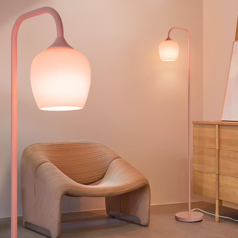 ONEWISH Pink Floor Lamp-Modern Standing Lamp for Living Room Bedroom, Glass Lamp Shade, LED Bulb Included, Cute Simple Design, for Girls Women - Image 1