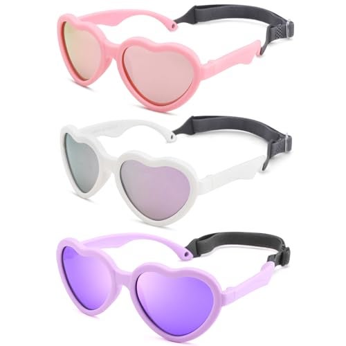 GLARDEFE Polarized Baby Heart Sunglasses with Strap - Unbreakable Flexible Infant Sunglasses for Newborn Toddler Boys Girls Age 0-24 Months (Pink/Pink Mirror+White/Blue+Purple/Purple Mirror) - Image 1