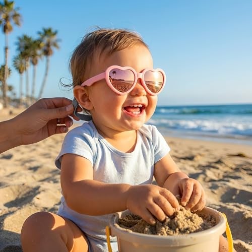 GLARDEFE Polarized Baby Heart Sunglasses with Strap - Unbreakable Flexible Infant Sunglasses for Newborn Toddler Boys Girls Age 0-24 Months (Pink/Pink Mirror+White/Blue+Purple/Purple Mirror) - Image 2