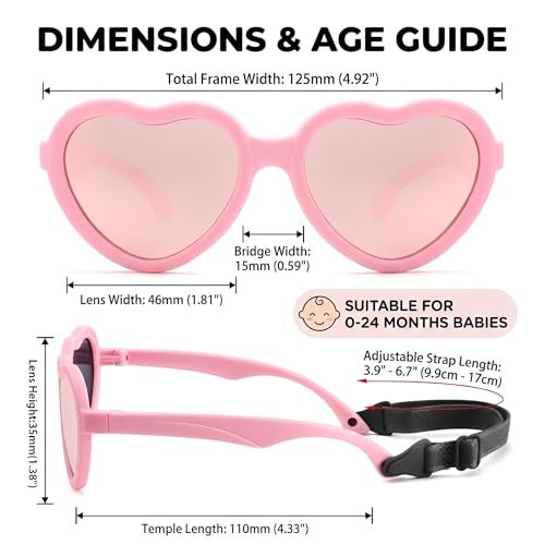 GLARDEFE Polarized Baby Heart Sunglasses with Strap - Unbreakable Flexible Infant Sunglasses for Newborn Toddler Boys Girls Age 0-24 Months (Pink/Pink Mirror+White/Blue+Purple/Purple Mirror) - Image 5