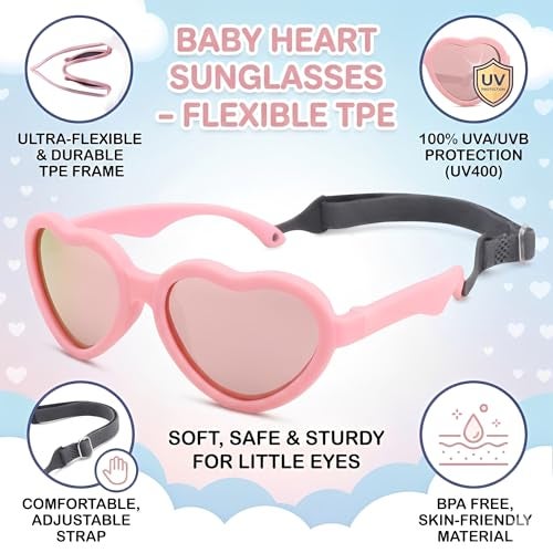 GLARDEFE Polarized Baby Heart Sunglasses with Strap - Unbreakable Flexible Infant Sunglasses for Newborn Toddler Boys Girls Age 0-24 Months (Pink/Pink Mirror+White/Blue+Purple/Purple Mirror) - Image 3