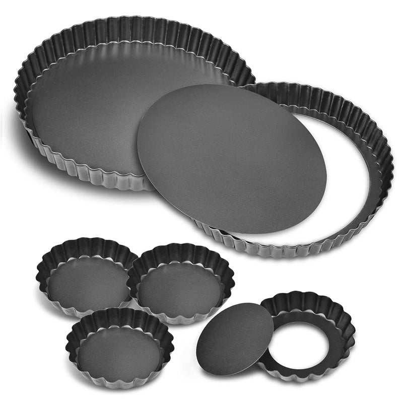 TORASO 9 Inch and 4 Inch Tart Pan with Removable Bottom 2 PCS 9 Inch Quiche Pan and 4 PCS 4 Inch Pie Pan NonStick Baking Pan Set of 6