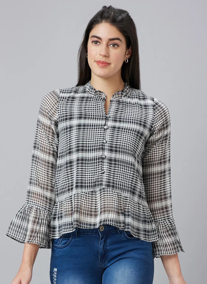 globus Globus Women Checked Mandarin Collar Bell Sleeve Shirt Style Top