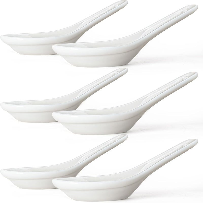Wareland Asian Soup Spoons Set of 6, Ceramic Chinese Soup Spoons Japanese Spoon for Ramen Pho Dumpling Miso Wonton Noodles 5.5 Inch | Flat Bottom Design | White - Image 1