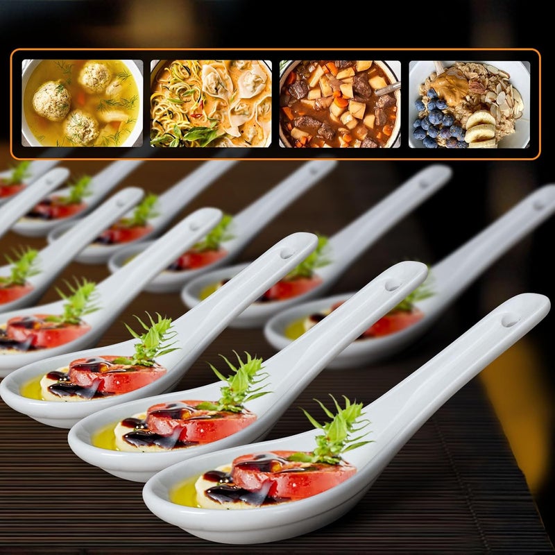 Wareland Asian Soup Spoons Set of 6, Ceramic Chinese Soup Spoons Japanese Spoon for Ramen Pho Dumpling Miso Wonton Noodles 5.5 Inch | Flat Bottom Design | White - Image 3