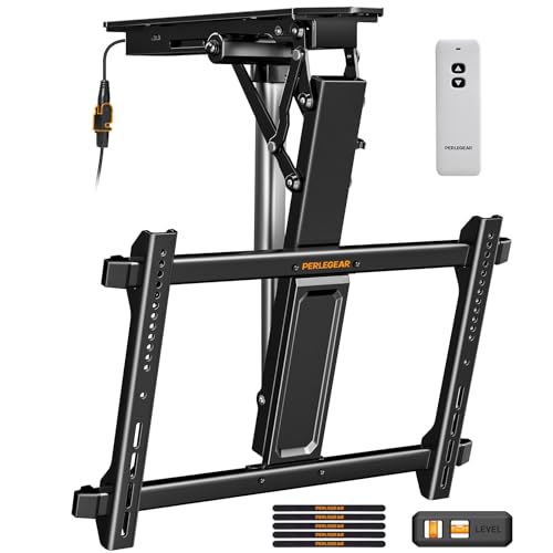 Perlegear Electric Ceiling TV Mount with Remote for 32-70 inch Flat and Curved Screen TVs up to 88 lbs, Max VESA 600x400, Motorized TV Ceiling Mount Flip Down for Flat Roof, Drop Down Ceiling Mount - Image 1