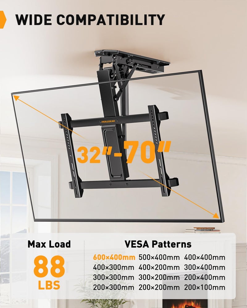 Perlegear Electric Ceiling TV Mount with Remote for 32-70 inch Flat and Curved Screen TVs up to 88 lbs, Max VESA 600x400, Motorized TV Ceiling Mount Flip Down for Flat Roof, Drop Down Ceiling Mount - Image 5