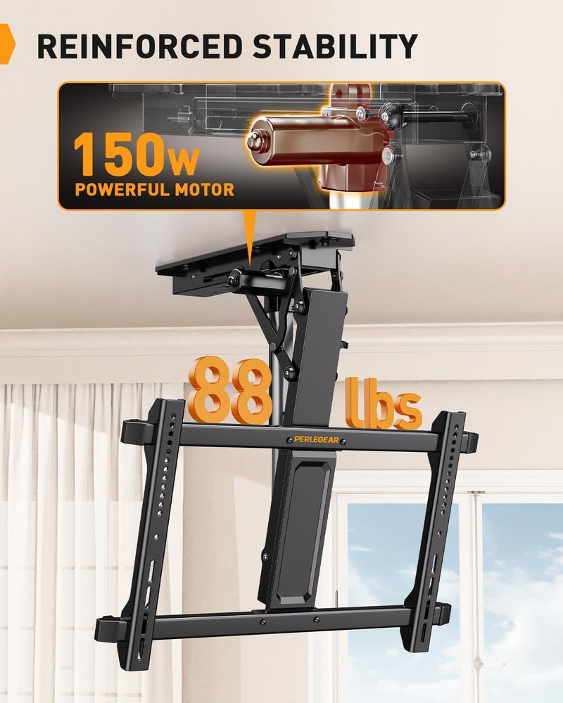 Perlegear Electric Ceiling TV Mount with Remote for 32-70 inch Flat and Curved Screen TVs up to 88 lbs, Max VESA 600x400, Motorized TV Ceiling Mount Flip Down for Flat Roof, Drop Down Ceiling Mount - Image 4
