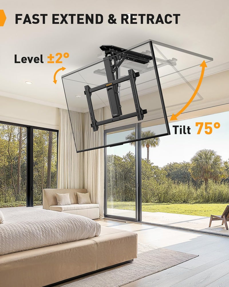 Perlegear Electric Ceiling TV Mount with Remote for 32-70 inch Flat and Curved Screen TVs up to 88 lbs, Max VESA 600x400, Motorized TV Ceiling Mount Flip Down for Flat Roof, Drop Down Ceiling Mount - Image 2