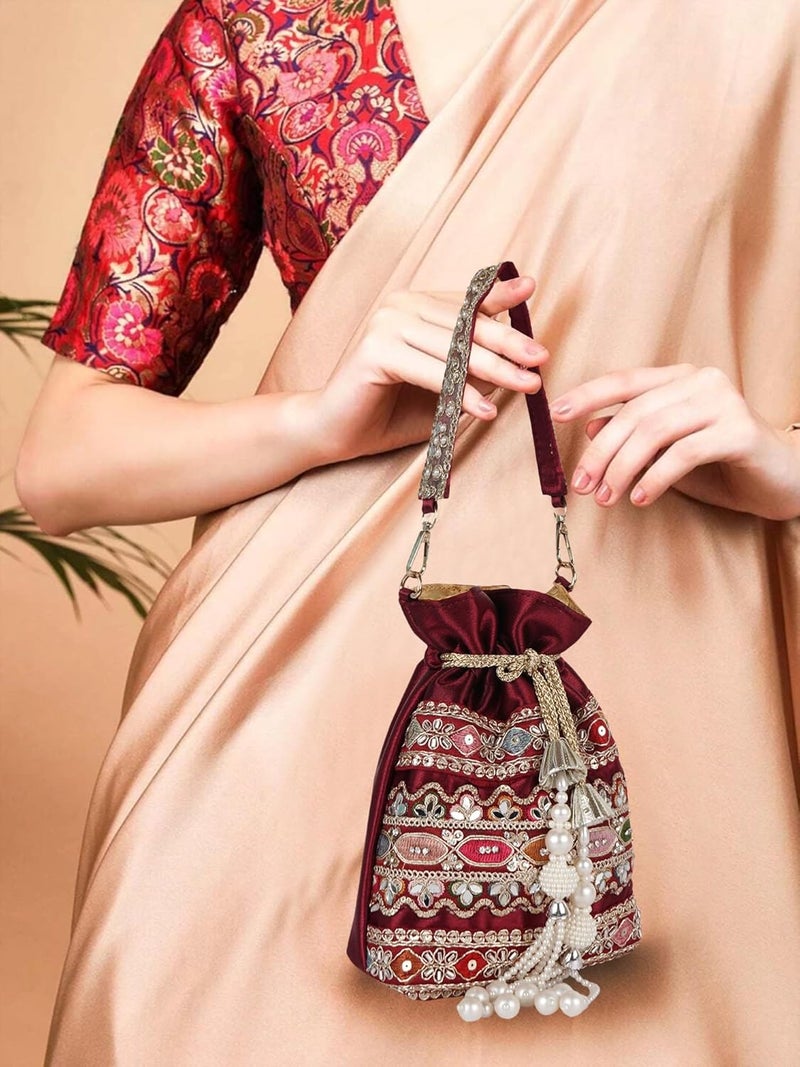 PLANX Velvet SilK Stylish Fancy Embroidery Unique Design Traditional Ethnic Wedding Party Handheld Potli For Women - Image 2