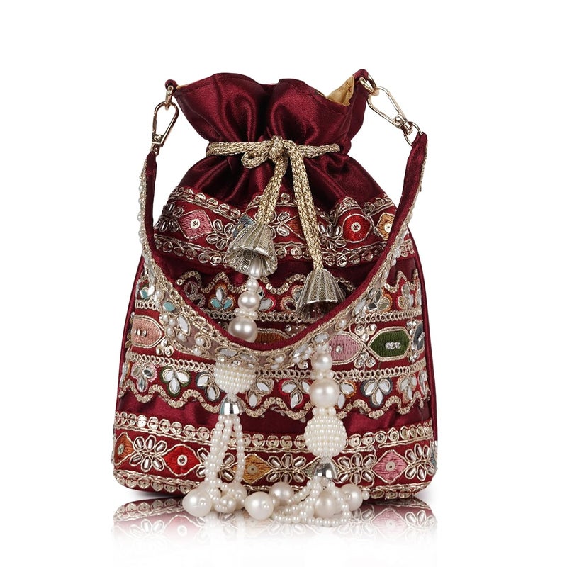 PLANX Velvet SilK Stylish Fancy Embroidery Unique Design Traditional Ethnic Wedding Party Handheld Potli For Women - Image 1