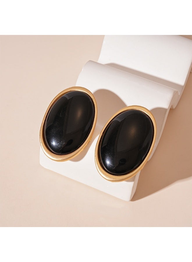 Stardust Boutique Large Oval Stud Earrings for Women, Black and Gold Tone Statement Jewelry, Vintage Style Earrings for Parties, Dinner, Abaya Styling and Gifts - Image 2