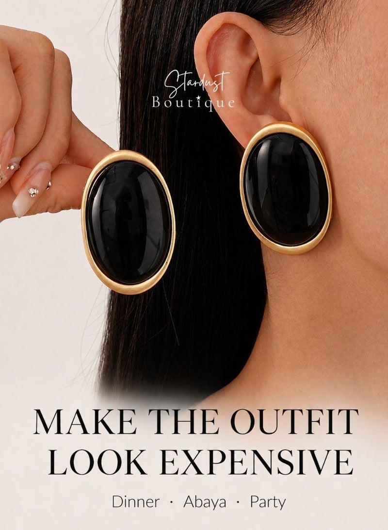 Stardust Boutique Large Oval Stud Earrings for Women, Black and Gold Tone Statement Jewelry, Vintage Style Earrings for Parties, Dinner, Abaya Styling and Gifts - Image 1