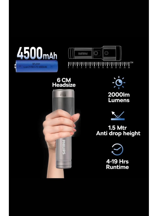 فيليبس فلاشلايت LED قابل لإعادة الشحن من PHILIPS | 2000 لومن سطوع عالي | هيكل من سبائك الألمنيوم للطائرات | شعاع قابل للتعديل بزاوية 680م | بطارية 4500mAh | الطراز SFL5101/56 | ضمان لمدة سنتين - Image 3