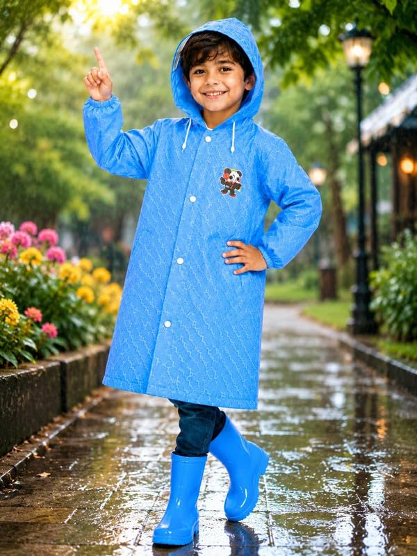 Krystle Kids Boy's PVC Full Sleeve With Hooded Plain Raincoat (Blue, 5-6 Years) - Image 3