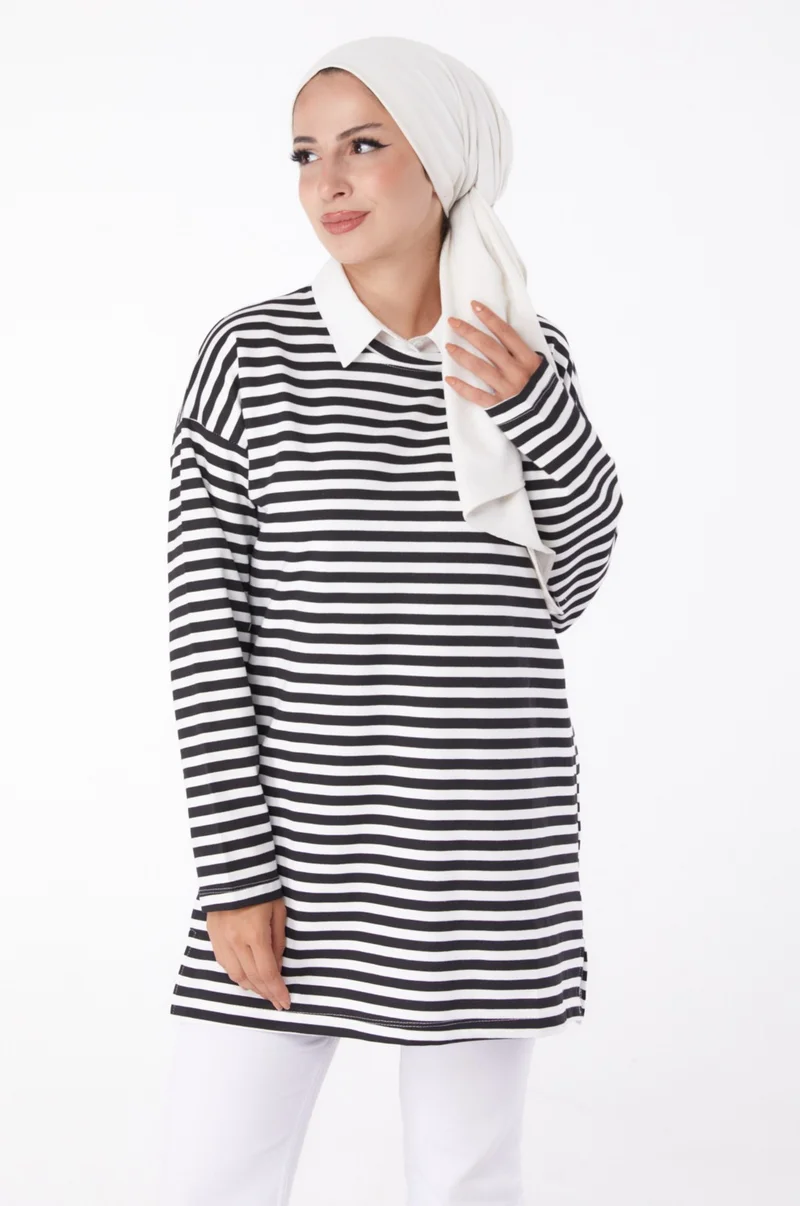Tofisa Plain Crew Neck Women's Black Striped Sweat - 26242