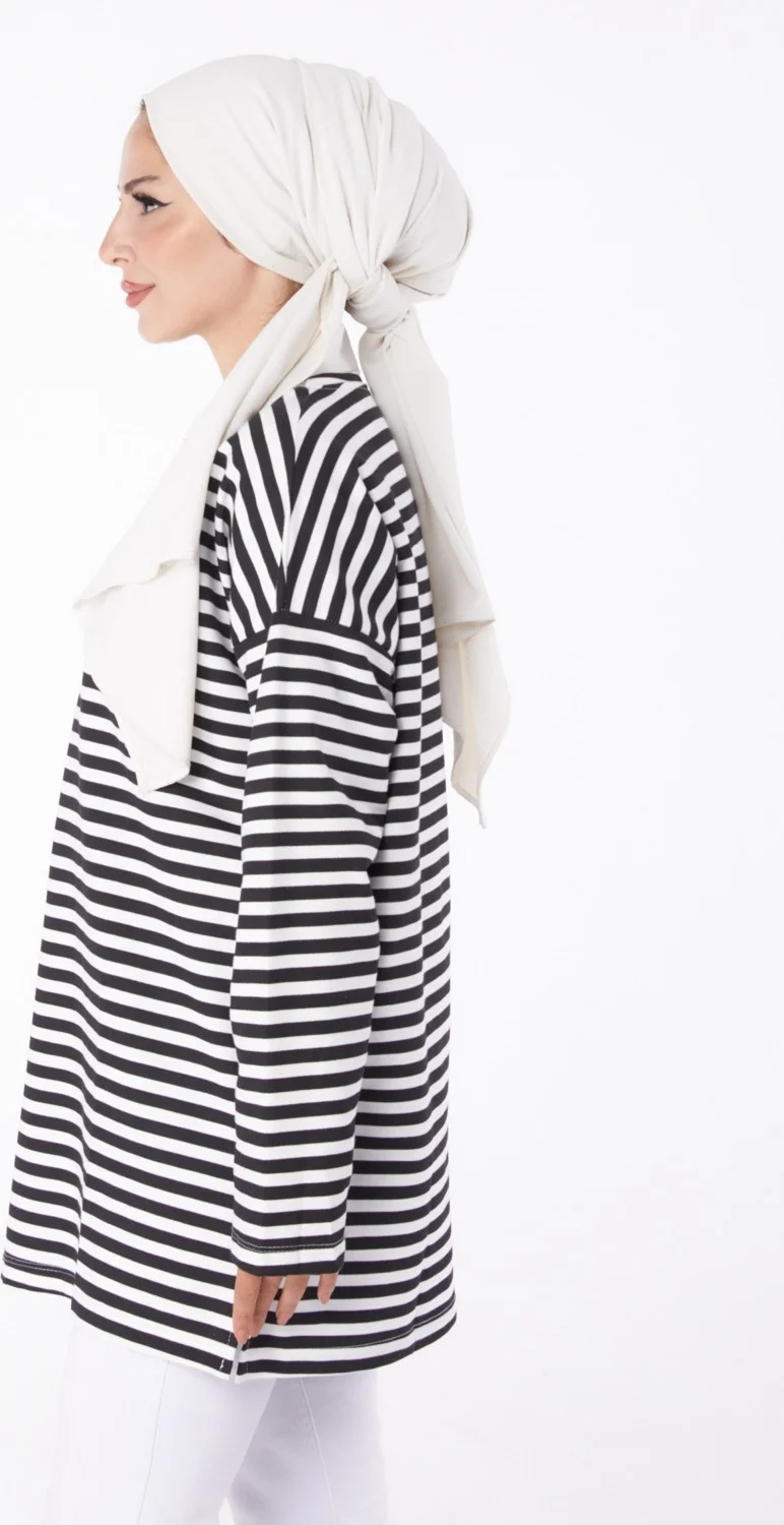 Tofisa Plain Crew Neck Women's Black Striped Sweat - 26242
