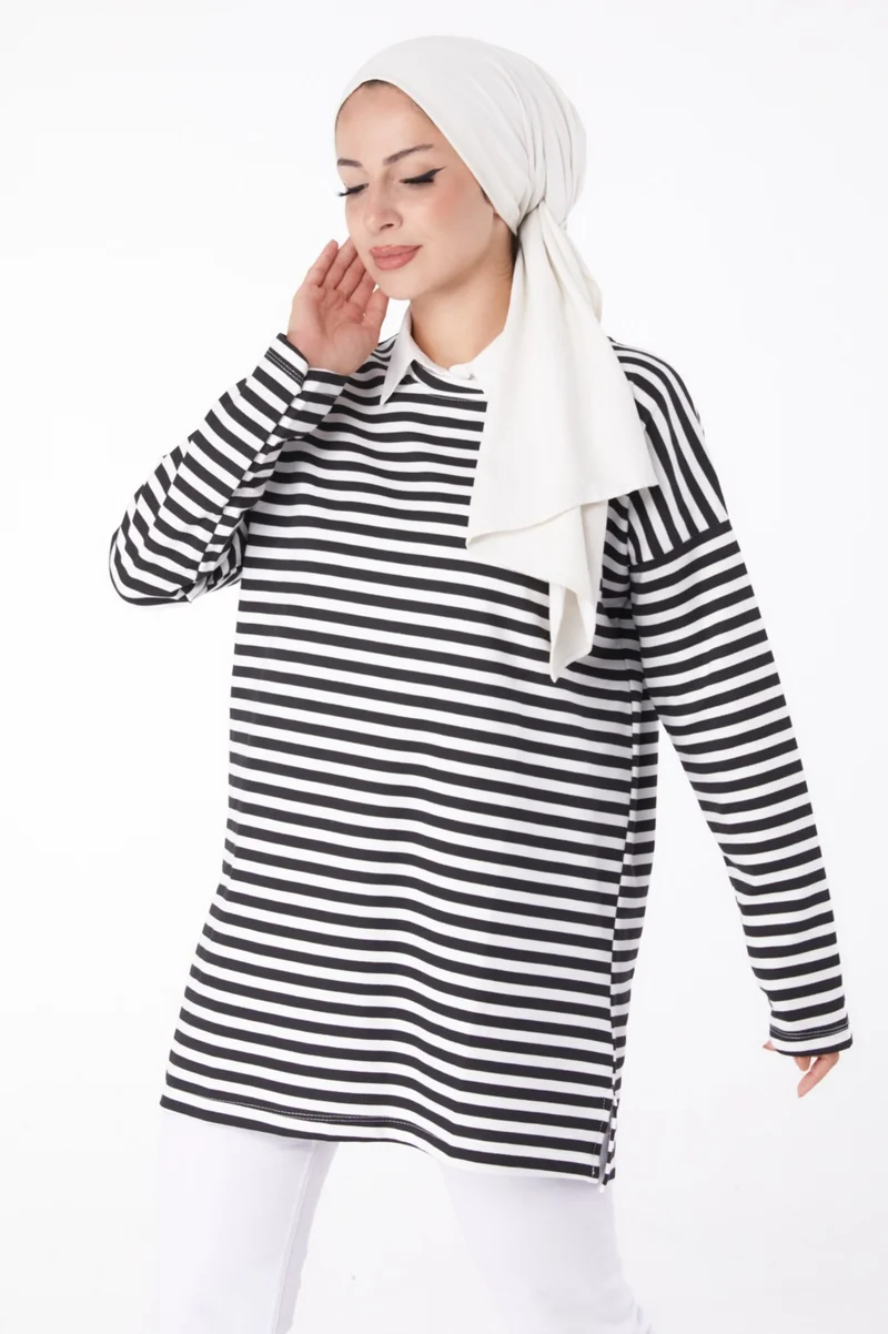 Tofisa Plain Crew Neck Women's Black Striped Sweat - 26242