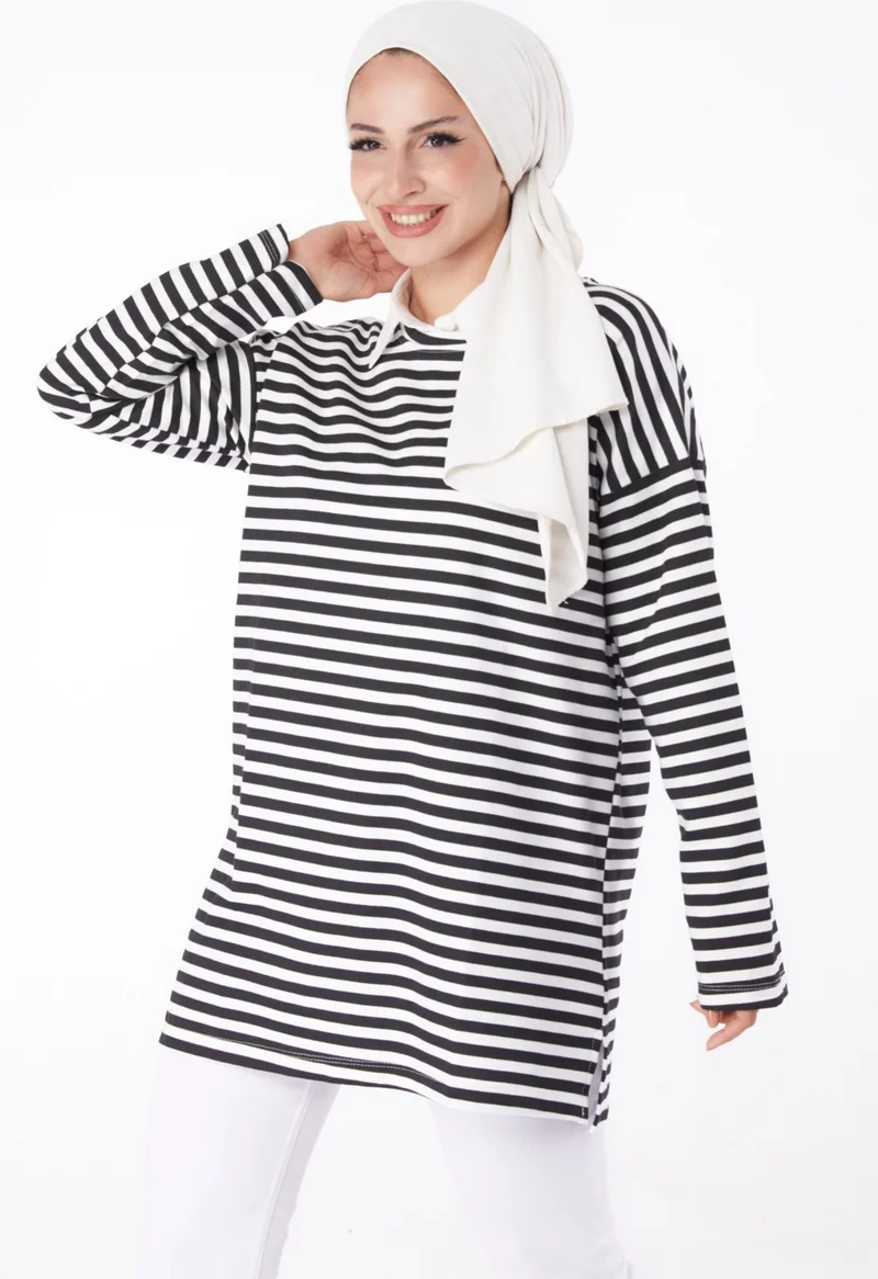 Tofisa Plain Crew Neck Women's Black Striped Sweat - 26242