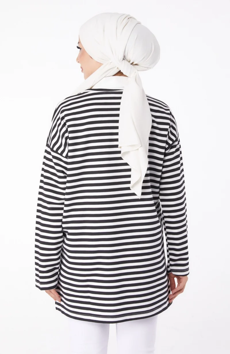 Tofisa Plain Crew Neck Women's Black Striped Sweat - 26242