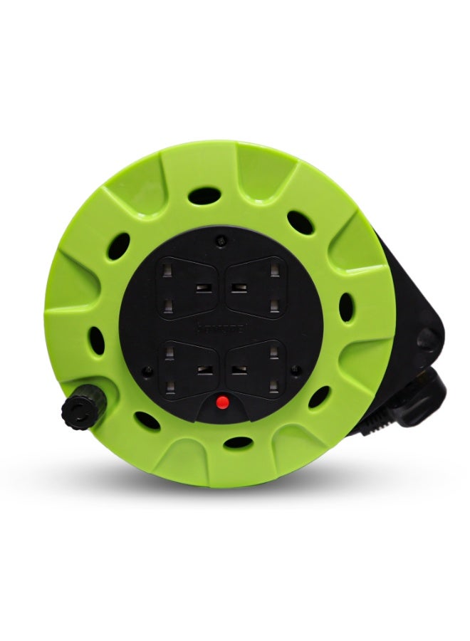 ADMORE England Green & Black 5 meters Power Extension Reel With 4 Socket Power Cable Extensions | 4-way Outlets | Retractable Power Strip | Round extension Cord | 1.25mm 99.9% Pure Copper Cable