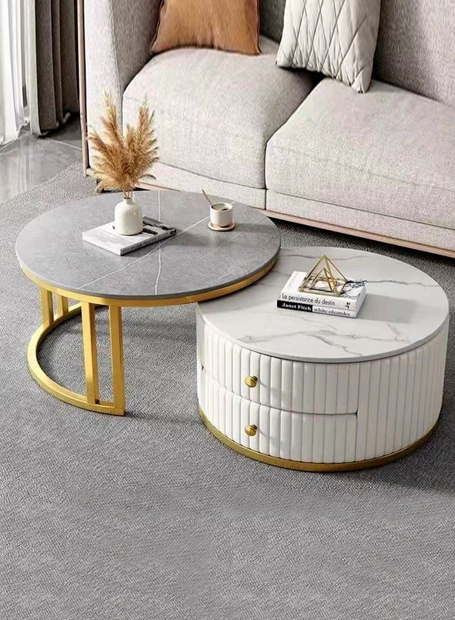 رافين مجموعة من طاولتين قهوة مستديرة متعددة الوظائف بأسلوب عصري متداخلة مع أدراج تخزين وسطح من الحجر لغرفة المعيشة أو غرفة النوم أو المكتب 70x41 & 50x34 سم - Image 1