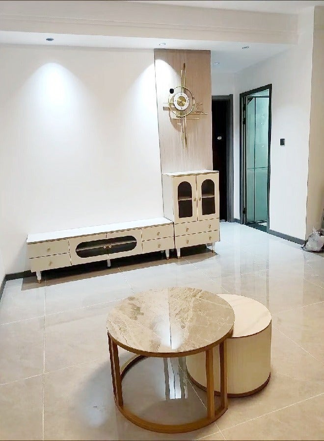 رافين مجموعة من طاولتين قهوة مستديرة متعددة الوظائف بأسلوب عصري متداخلة مع أدراج تخزين وسطح من الحجر لغرفة المعيشة أو غرفة النوم أو المكتب 70x41 & 50x34 سم - Image 2