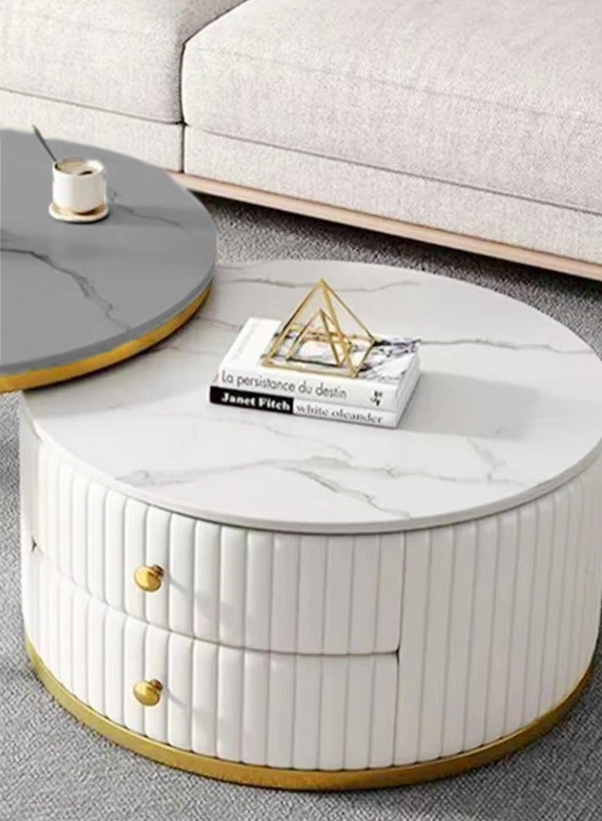 رافين مجموعة من طاولتين قهوة مستديرة متعددة الوظائف بأسلوب عصري متداخلة مع أدراج تخزين وسطح من الحجر لغرفة المعيشة أو غرفة النوم أو المكتب 70x41 & 50x34 سم - Image 3