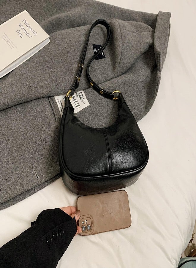 JYG Small Hobo Bags for Women Retro Crescent Black Shoulder Purse Fall Soft Crossbody Handbag - Image 4