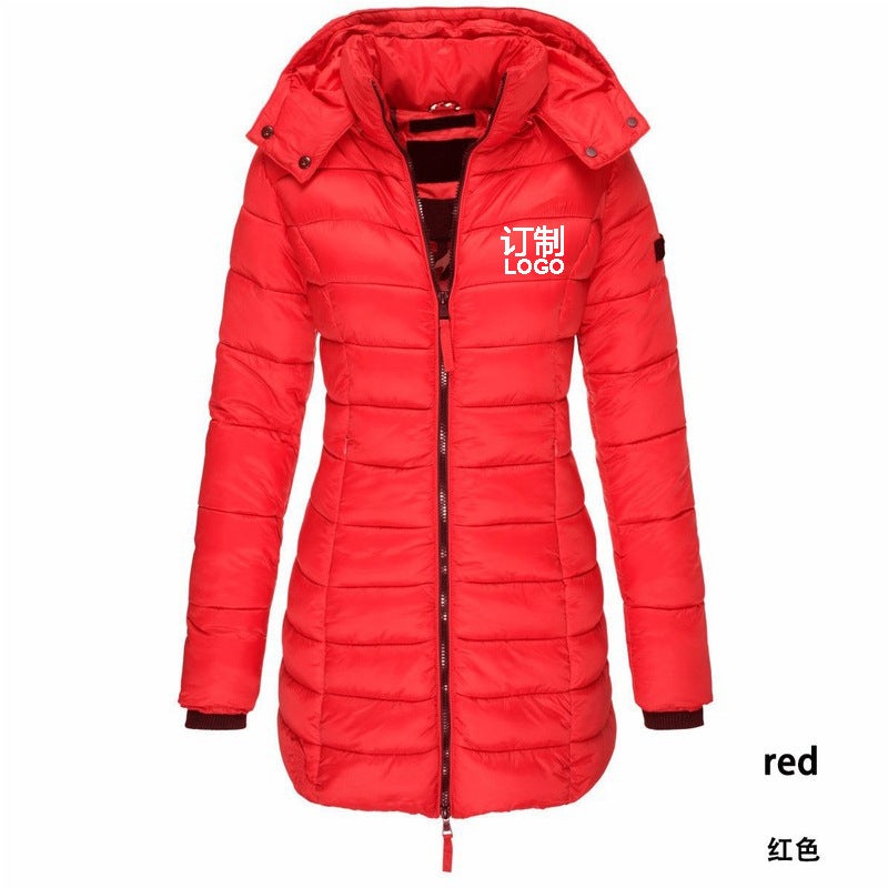 Printed logo printing European size cross-border winter womens cotton jacket mid-length slim warm solid color hooded Army Green - Image 4