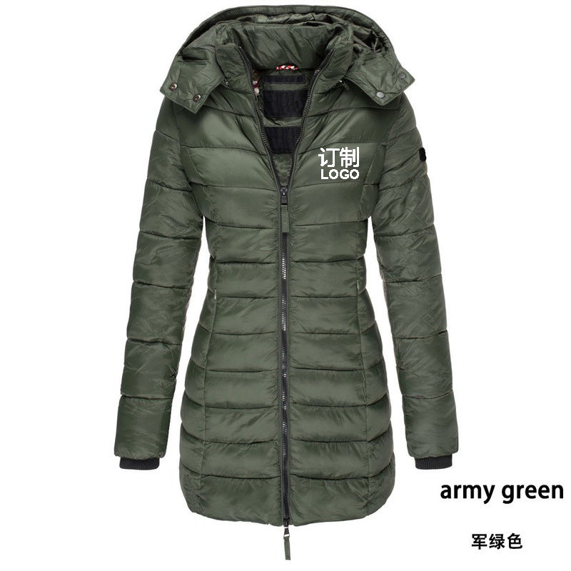 Printed logo printing European size cross-border winter womens cotton jacket mid-length slim warm solid color hooded Army Green - Image 1