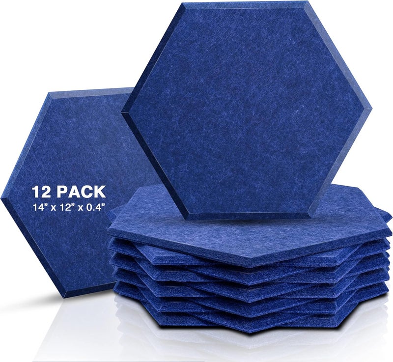Sonic Acoustics حزمة من 12 لوحة صوتية هكسائية من ، مقاسات 14" × 12" × 0.4"، عالية الكثافة، تمتص الصوت، عازلة للصوت، بحواف مائلة، للاستخدام في الاستوديوهات، لون أزرق داكن - Image 1