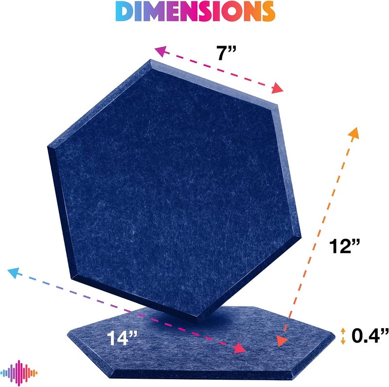 Sonic Acoustics حزمة من 12 لوحة صوتية هكسائية من ، مقاسات 14" × 12" × 0.4"، عالية الكثافة، تمتص الصوت، عازلة للصوت، بحواف مائلة، للاستخدام في الاستوديوهات، لون أزرق داكن - Image 4