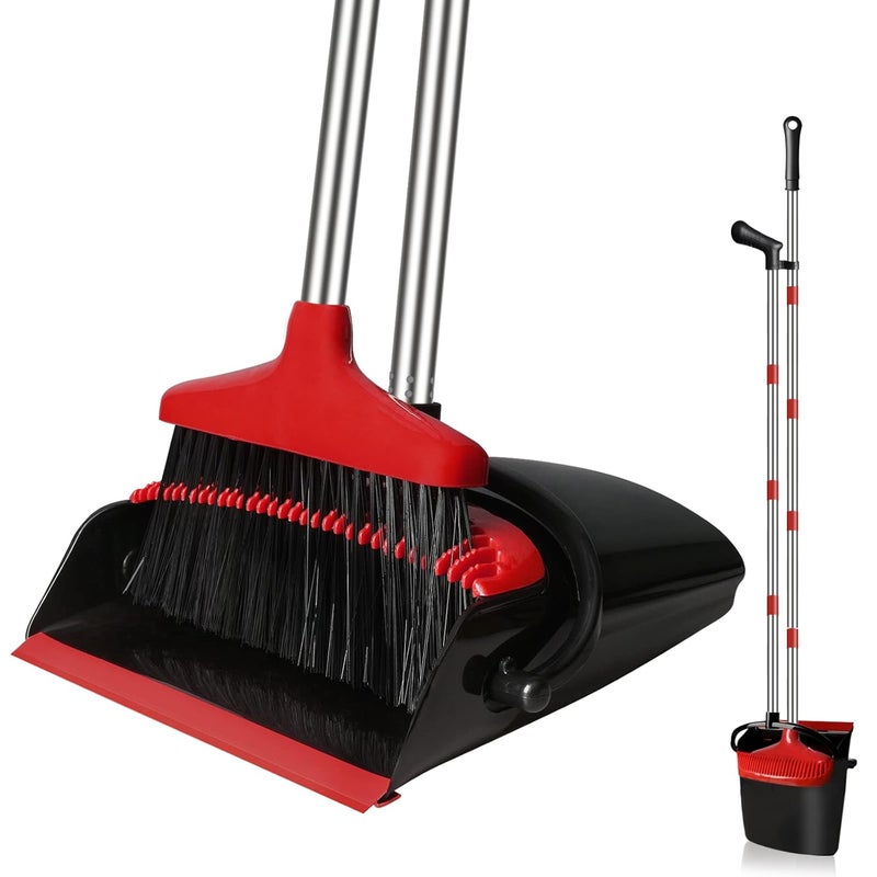 GRAREND Broom and Dustpan Set for Home Upright 55 Broom and Dustpan Combo with Long Handle Lobby Broom Sweeping for House Kitchen Room Office Indoor Floor Cleaning Supplies Housewarming Gift Red