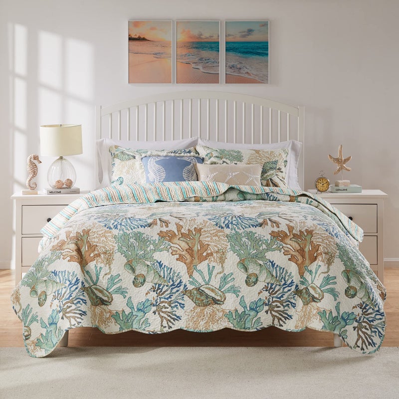 Greenland Home Fashions Greenland Home Atlantis Coastal Sea Coral Oversized Reversible Quilt Set, 2-Piece Twin/XL, Jade - Image 4
