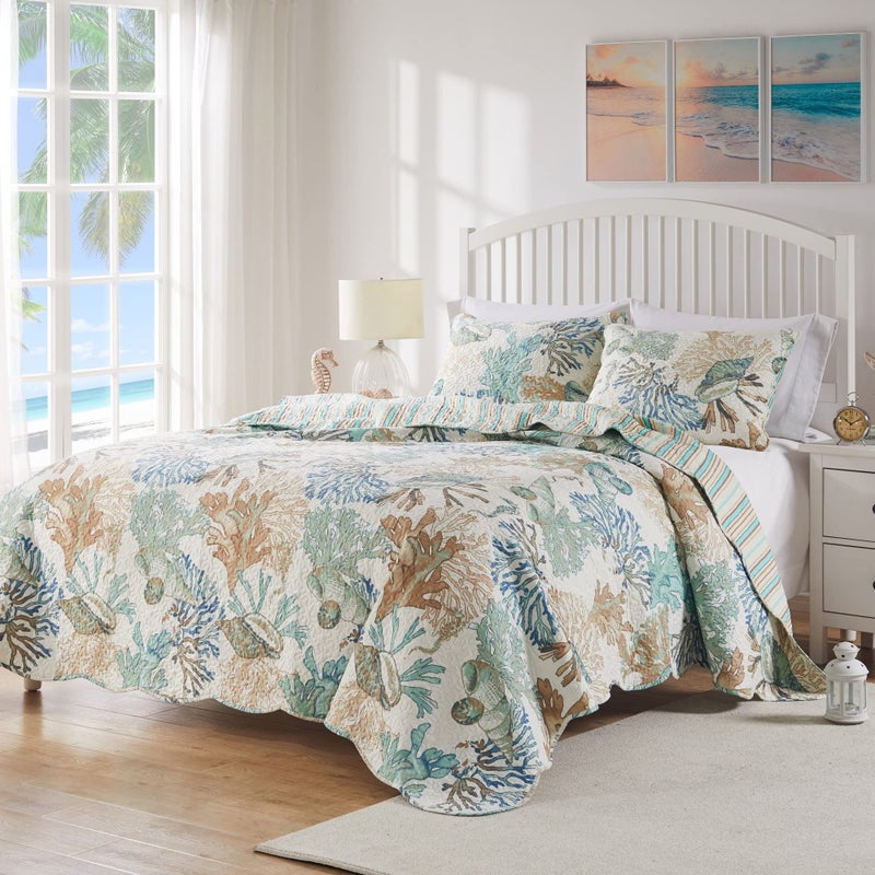 Greenland Home Fashions Greenland Home Atlantis Coastal Sea Coral Oversized Reversible Quilt Set, 2-Piece Twin/XL, Jade - Image 2