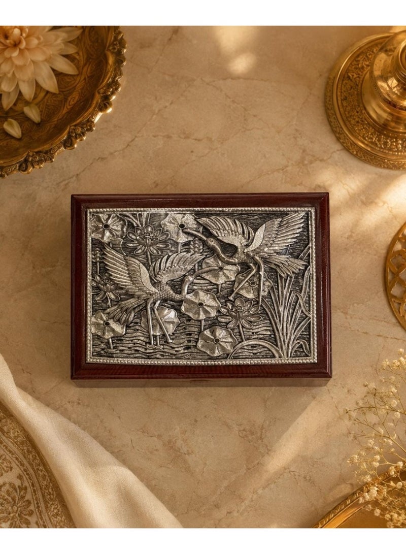 KHUSHBOO JEWELS 999 SILVER PLATED WOODEEN HERITAGE CRANE & LOTUS BOX-SMALL (12.5*17.5*6.5CM) - Image 3