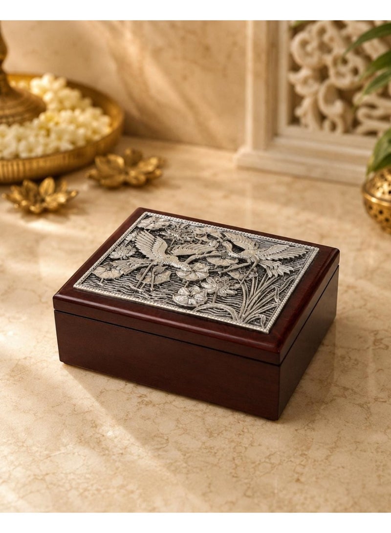 KHUSHBOO JEWELS 999 SILVER PLATED WOODEEN HERITAGE CRANE & LOTUS BOX-SMALL (12.5*17.5*6.5CM) - Image 1