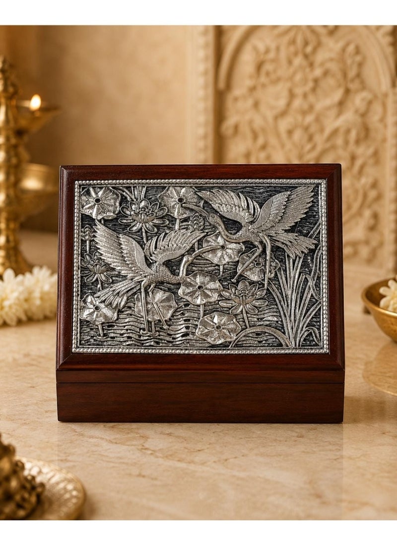 KHUSHBOO JEWELS 999 SILVER PLATED WOODEEN HERITAGE CRANE & LOTUS BOX-SMALL (12.5*17.5*6.5CM) - Image 2