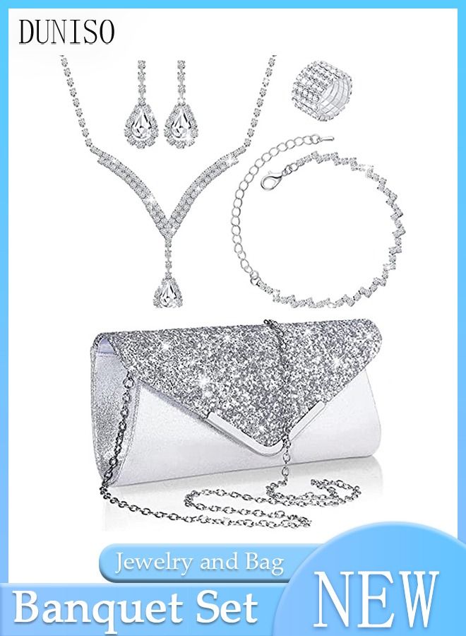 DUNISO 5Pcs Clutch Bag Rhinestone Jewelry Set with Necklace Earrings Bracelets Ring Rhinestone Purse Bag Glitter Evening Bag Wedding Bridal Bridesmaid Costume Jewelry Set for Women and Girls Dress Accessorie - Image 1