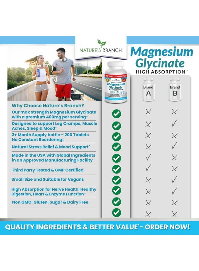 Nature's Branch Magnesium Glycinate 400 mg - 200 Tablets - High Absorption, Non Buffered Bisglycinate Mag Supplement for Sleep, Leg Cramps, Heart, Ease Muscles, Calm Headaches for Women and Men, Non Powder Capsules - Image 5
