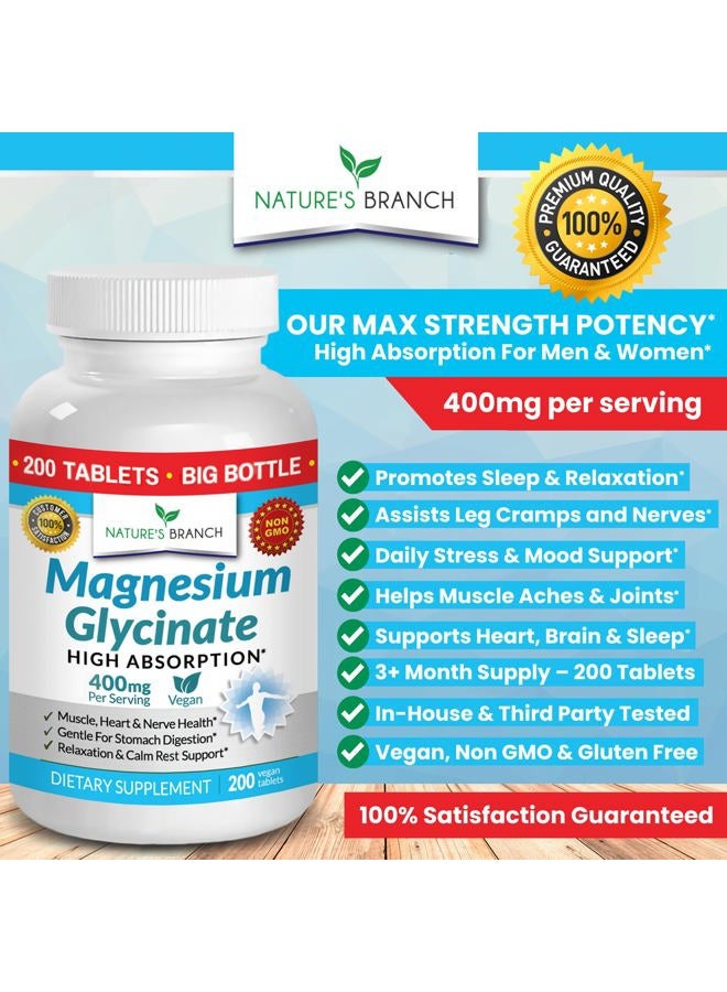 Nature's Branch Magnesium Glycinate 400 mg - 200 Tablets - High Absorption, Non Buffered Bisglycinate Mag Supplement for Sleep, Leg Cramps, Heart, Ease Muscles, Calm Headaches for Women and Men, Non Powder Capsules - Image 4