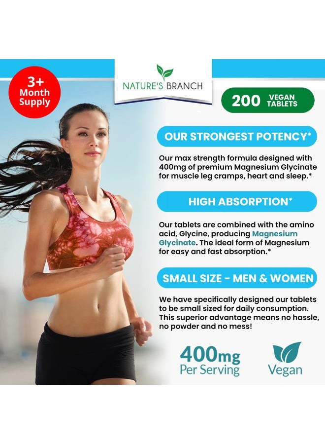 Nature's Branch Magnesium Glycinate 400 mg - 200 Tablets - High Absorption, Non Buffered Bisglycinate Mag Supplement for Sleep, Leg Cramps, Heart, Ease Muscles, Calm Headaches for Women and Men, Non Powder Capsules - Image 2