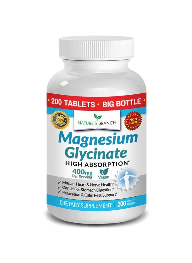 Nature's Branch Magnesium Glycinate 400 mg - 200 Tablets - High Absorption, Non Buffered Bisglycinate Mag Supplement for Sleep, Leg Cramps, Heart, Ease Muscles, Calm Headaches for Women and Men, Non Powder Capsules - Image 1